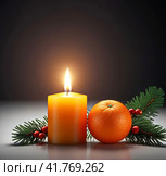 Новогодняя свеча и оранжевый мандарин, натюрморт. Праздничная атмосфера Нового года, размытый фон. Стоковое AI-изображение, AI-художник Сергей Елизарьев / Фотобанк Лори