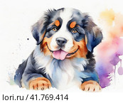 Funny Bernese Mountain Dog puppy, herding dog, watercolor drawing. Стоковое AI-изображение, AI-художник Сергей Елизарьев / Фотобанк Лори