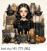 All dark black Wednesday Addams 2022 clipart , black watercolor. Стоковое AI-изображение, AI-художник Анна Кривицкая / Фотобанк Лори