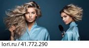 Two young beautiful blondes with developing hair stand on a blue background. Young femininity. Стоковое AI-изображение, AI-художник Ярославский Максим / Фотобанк Лори