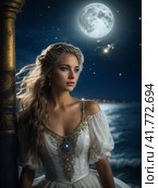 Fairytale princess against the backdrop of the starry sky and sea. Стоковое AI-изображение, AI-художник Сергей Елизарьев / Фотобанк Лори