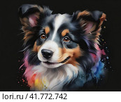 Funny Australian Shepherd (Aussie), watercolor drawing. Стоковое AI-изображение, AI-художник Сергей Елизарьев / Фотобанк Лори