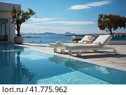 Sea view. Luxury modern white beach hotel with swimming pool. Sunbed on sundeck for vacation home or hotel. Стоковое AI-изображение, AI-художник Ирина Михайличенко / Фотобанк Лори
