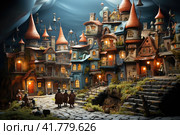 Magical city of gnomes: cartoon evening, illuminated by lights in the windows. Стоковое AI-изображение, AI-художник Юрий Поздников / Фотобанк Лори