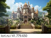 A wonderful castle with wrought-iron grilles and carved doors, the embodiment of fairytale architecture. Стоковое AI-изображение, AI-художник Юрий Поздников / Фотобанк Лори