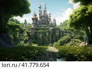 A wonderful fairytale castle among dense greenery and numerous trees on the edge of the forest. Стоковое AI-изображение, AI-художник Юрий Поздников / Фотобанк Лори