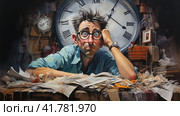 Sleep-deprived man tired from midnight work, computer developer, cartoon style  Generative AI. Стоковое AI-изображение, AI-художник Анна Кривицкая / Фотобанк Лори
