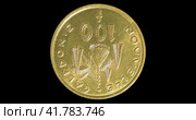 Монета Французской Каледонии 100 франков, черный фон. Reverse of French New Caledonia coin 100 francs 2009, isolated in black background. Close up view. Стоковая анимация, аниматор Александр Кузнецов / Фотобанк Лори