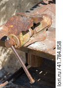 Старые тиски закрепленные на верстаке. An old vise fixed on a workbench. Стоковое фото, фотограф Татьяна Д / Фотобанк Лори