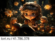 Fairies in a magical forest with a book of wisdom. Стоковое AI-изображение, AI-художник Юрий Поздников / Фотобанк Лори