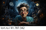 Sleep-deprived man tired from midnight work, computer developer, cartoon style  Generative AI. Стоковое AI-изображение, AI-художник Анна Кривицкая / Фотобанк Лори