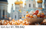 Корзина с разноцветными пасхальными яйцами на фоне золотых куполов церкви. Стоковое AI-изображение, AI-художник Щеголева Ольга / Фотобанк Лори