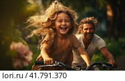 A young father and his children ride a bike in a summer park. The concept of a family holiday. Стоковое AI-изображение, AI-художник Ярославский Максим / Фотобанк Лори