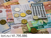 Деньги. Карманный калькулятор, кассовый чек из магазина, монеты и бумажные купюры лежат на столе. Стоковое фото, фотограф Владимир Устенко / Фотобанк Лори