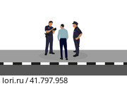 Два офицера полиции и мужчина в деловой одежде стоят на тротуаре на белом фоне. Стоковая иллюстрация, иллюстратор Карпенко Алексей / Фотобанк Лори