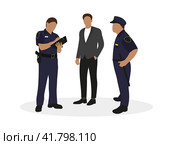 Два офицера полиции в форме и мужчина в деловой одежде вместе на белом фоне. Стоковая иллюстрация, иллюстратор Карпенко Алексей / Фотобанк Лори