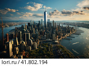 Amazing panorama view of city skyline and skyscraper. Modern city with space for text. Success in business, international corporations, skyscrapers, banks and office buildings. Стоковое AI-изображение, AI-художник Ирина Михайличенко / Фотобанк Лори
