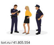 Два офицера полиции в форме и женщина вместе на белом фоне. Стоковая иллюстрация, иллюстратор Карпенко Алексей / Фотобанк Лори