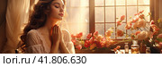 A young beautiful girl is praying near a window with flowers. Generated by AI. Стоковое AI-изображение, AI-художник Ярославский Максим / Фотобанк Лори