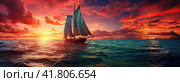 A landscape with a fabulous sunset on the sea by a sailboat. A banner for the design of the site. Стоковое AI-изображение, AI-художник Ярославский Максим / Фотобанк Лори