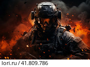 Soldier in a combat zone,  Generative AI. Стоковое AI-изображение, AI-художник Анна Кривицкая / Фотобанк Лори
