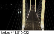 A cable-stayed highway bridge with tall concrete pylons illuminated by architectural lighting at night. Slow span between the bridge piers, motorcycles and cars driving below (2023 год). Редакционное видео, видеограф Даниил Хабаров / Фотобанк Лори