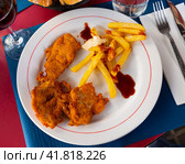 Crisp chicken nuggets with golden brown crust and french fries. Стоковое фото, фотограф Яков Филимонов / Фотобанк Лори