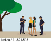 Два офицера полиции и две молодые героини женского пола на открытом воздухе. Стоковая иллюстрация, иллюстратор Карпенко Алексей / Фотобанк Лори