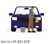 Мужчина моет машину на белом фоне. Стоковая иллюстрация, иллюстратор Карпенко Алексей / Фотобанк Лори
