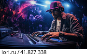 Electrifying atmosphere: A talented DJ Skillfully controls the player, setting the rhythm for an unforgettable night party. Стоковое AI-изображение, AI-художник Ярославский Максим / Фотобанк Лори
