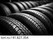 New summer tires for cars in stock. Generated by AI. Стоковое AI-изображение, AI-художник Ярославский Максим / Фотобанк Лори