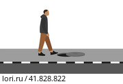 Male character stepping on an open hatch on pavement. Стоковая иллюстрация, иллюстратор Карпенко Алексей / Фотобанк Лори