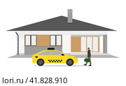 House, taxi and male character going to the taxi with a bag in his hand. Стоковая иллюстрация, иллюстратор Карпенко Алексей / Фотобанк Лори