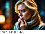Tonsillitis and angina concept. Sick woman with closed eyes touching her sore throat. Unhealthy female with painful feelings in neck feels discomfort, hard to swallow, irritation or loss of voice. AI. Стоковое AI-изображение, AI-художник Sergey Grishin / Фотобанк Лори