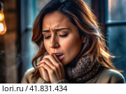 Tonsillitis and angina concept. Sick woman with closed eyes touching her sore throat. Unhealthy female with painful feelings in neck feels discomfort, hard to swallow, irritation or loss of voice. AI. Стоковое AI-изображение, AI-художник Sergey Grishin / Фотобанк Лори