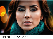 Tonsillitis and angina concept. Sick woman with closed eyes touching her sore throat. Unhealthy female with painful feelings in neck feels discomfort, hard to swallow, irritation or loss of voice. AI. Стоковое AI-изображение, AI-художник Sergey Grishin / Фотобанк Лори