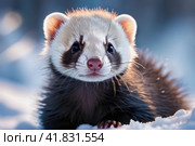 Wild polecat in snow, ferret Cub in winter sunny day. AI. Стоковое AI-изображение, AI-художник Sergey Grishin / Фотобанк Лори