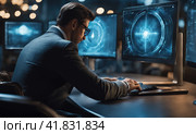 Talented Young male Professional Working in a Technological Research and Development Agency. Computer Screens with Software Code and Technical Neural Network Diagrams. Multiscreen set up. AI. Стоковое AI-изображение, AI-художник Sergey Grishin / Фотобанк Лори