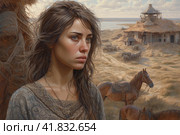 Girl with a horse in the steppe against the background of a house  Generative AI. Стоковое AI-изображение, AI-художник Анна Кривицкая / Фотобанк Лори