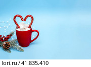 Two candy canes and marshmallows in red mug with hot drink decorated with Christmas decor. Banner for New Year and Christmas. Selective focus, copy space. Стоковое фото, фотограф Клара Мухаметзянова / Фотобанк Лори