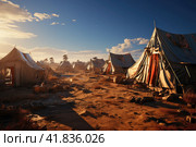 Refugee crisis concept: Vast refugee camp in desert with makeshift tents, a barren desert landscape, feeling of desperation and displacement. Стоковое AI-изображение, AI-художник Ирина Михайличенко / Фотобанк Лори