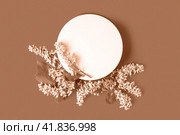 Podium for product presentation. Abstract minimal geometrical form on peach fuzz background. One stone form, white flowers, soft shadow. Scene, Showcase, display. Minimal design. Top view, Flat lay. Стоковое фото, фотограф Марина Демидюк / Фотобанк Лори