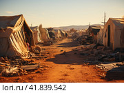 Refugee crisis concept: Vast refugee camp in desert with makeshift tents, a barren desert landscape, feeling of desperation and displacement. Стоковое AI-изображение, AI-художник Ирина Михайличенко / Фотобанк Лори