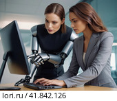 Красивая женщина и робот гуманоид с женской головой работают в офисе на компьютере. Стоковое AI-изображение, AI-художник Гребенев Пётр / Фотобанк Лори