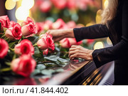 Close-up of hands holding floral arrangement on coffin during funeral. Стоковое AI-изображение, AI-художник Юрий Поздников / Фотобанк Лори