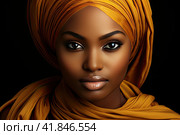 A young and attractive African woman with clean, well-groomed facial skin in a national headdress. Generated by AI. Стоковое AI-изображение, AI-художник Ярославский Максим / Фотобанк Лори