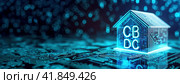 A digital house symbol labeled CBDC glows prominently on an intricate circuit board. Concept of central bank digital currencies, with a futuristic blue tone. Стоковое AI-изображение, AI-художник Igor Tichonow / Фотобанк Лори