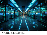 Working data center interior  Generative AI. Стоковое AI-изображение, AI-художник Анна Кривицкая / Фотобанк Лори