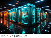 Working data center interior  Generative AI. Стоковое AI-изображение, AI-художник Анна Кривицкая / Фотобанк Лори