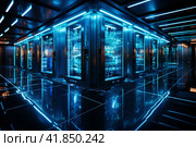 Working data center interior  Generative AI. Стоковое AI-изображение, AI-художник Анна Кривицкая / Фотобанк Лори